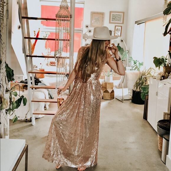NEW KATE KASIN Pink Rose Gold Champagne VNeck Sequin Sparkle Maxi Gown Dress 10 - Picture 1 of 10